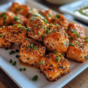 A plate of golden, crispy Bang Bang Salmon Bites drizzled with a creamy, spicy sauce and garnished with fresh green onions and sesame seeds, served with a side of dipping sauce