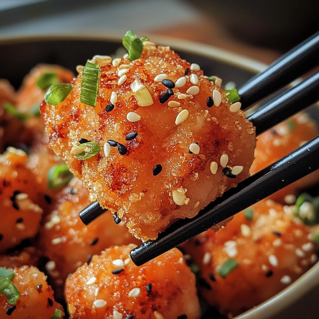 A plate of crispy Bang Bang Salmon Bites coated in a golden crust, drizzled with a spicy creamy sauce, and garnished with chopped green onions and sesame seeds.