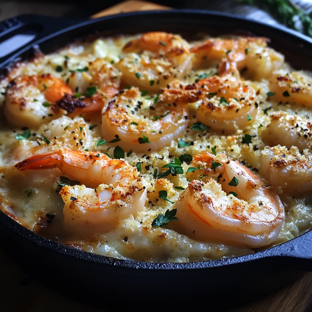 A bubbling Garlic Shrimp Gratin fresh out of the oven, with golden, crispy breadcrumbs and melted cheese, garnished with parsley.