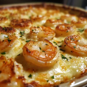 A golden-brown Garlic Shrimp Gratin in a baking dish, topped with crispy breadcrumbs and melted cheese, garnished with fresh parsley.