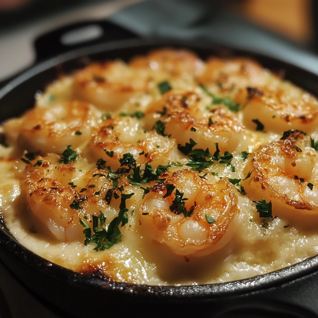 A creamy and cheesy Garlic Shrimp Gratin in a baking dish, with golden-brown breadcrumbs and fresh parsley on top.