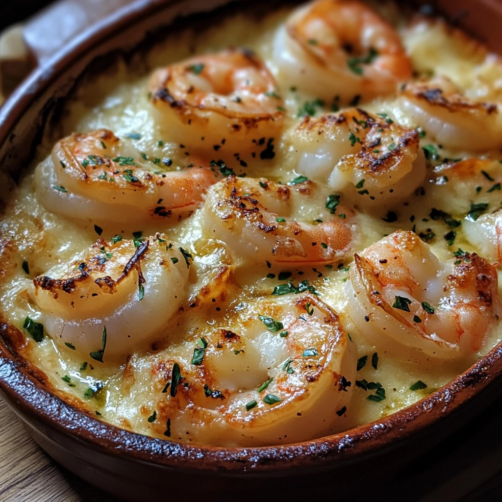 A delicious Garlic Shrimp Gratin in a baking dish, with golden, crispy cheese and breadcrumbs, garnished with fresh herbs.