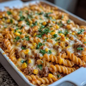 Cheesy Rotini Bake with Beef and Corn Flavor