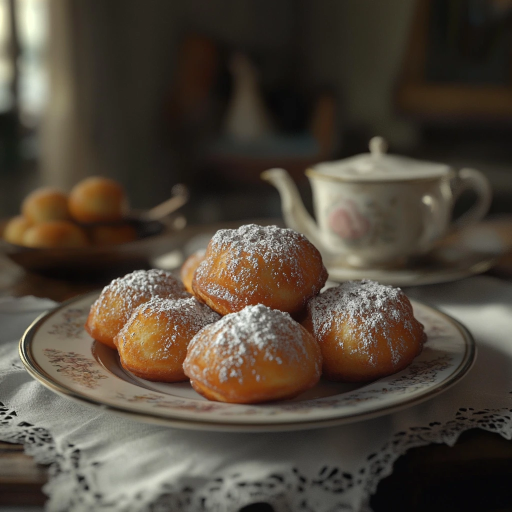 Stack of freshly fried vanilla French beignets on a cooling rack with powdered sugar falling over them