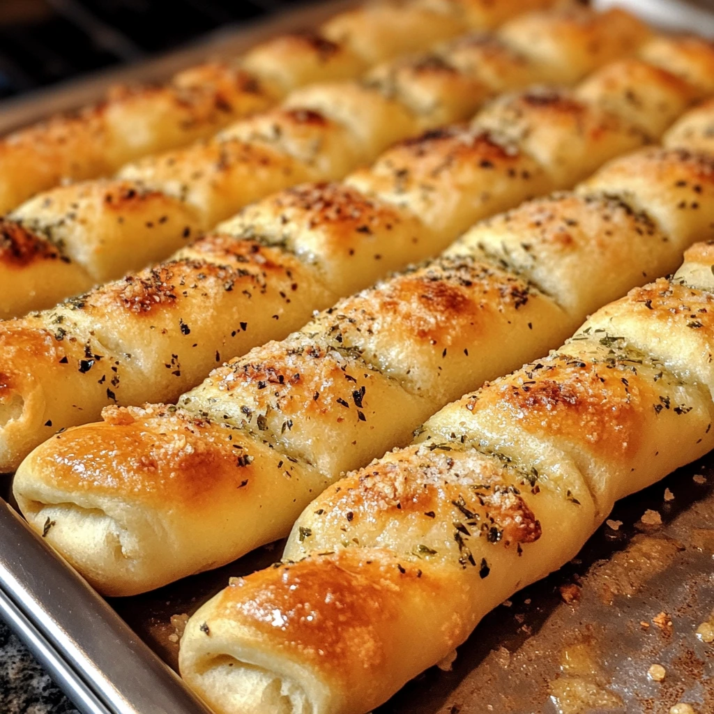 Freshly baked olive garlic breadsticks arranged on a wooden board, garnished with herbs and served with a side of marinara sauce.