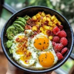High protein breakfast bowl filled with scrambled tofu, black beans, roasted veggies, avocado, and a sprinkle of seeds
