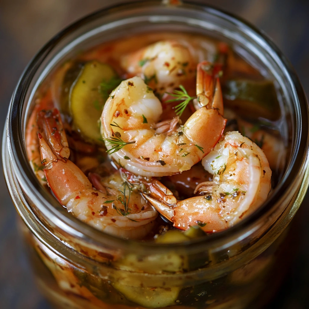 Close-up of chilled pickled shrimp layered with onions, garlic, and herbs in a glass mason jar.
