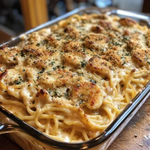 Plate of creamy chicken tetrazzini with spaghetti noodles, mushrooms, and parsley garnish, served hot and cheesy
