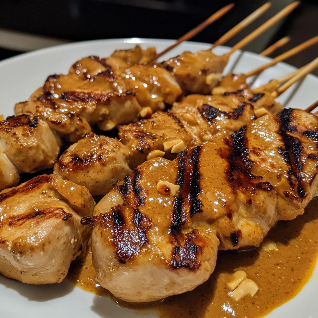 Grilled Thai chicken satay skewers served with creamy peanut dipping sauce and garnished with fresh herbs and lime wedges