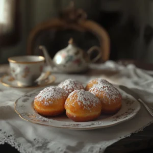 Golden brown vanilla French beignets dusted with powdered sugar on a serving tray, ready to eat