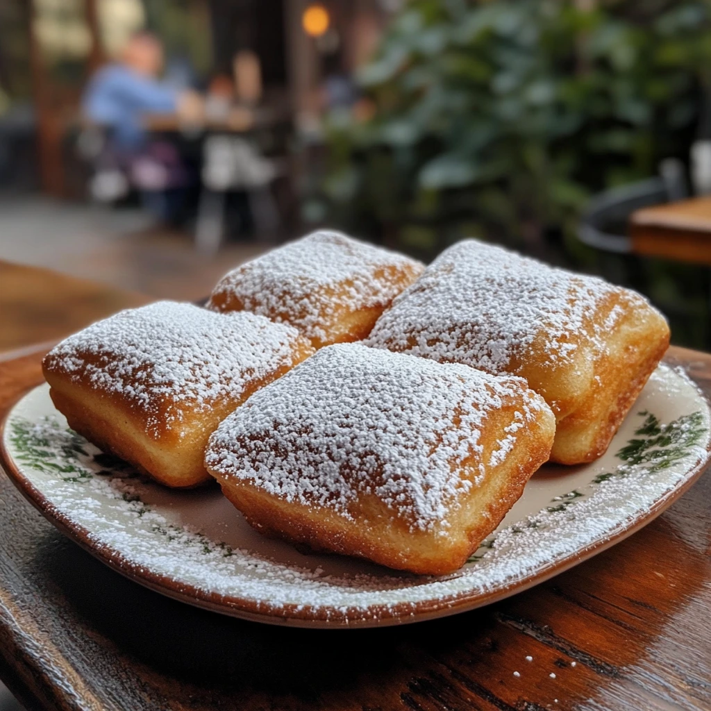 Vanilla French beignets served on a white plate with a cup of coffee and powdered sugar sprinkled on top