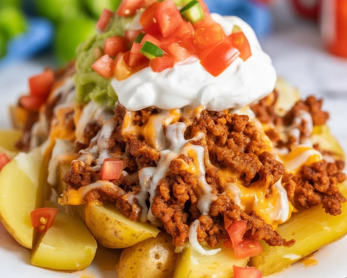Delicious Cheesy Taco Potatoes topped with spices and cheese, perfect for dinner.