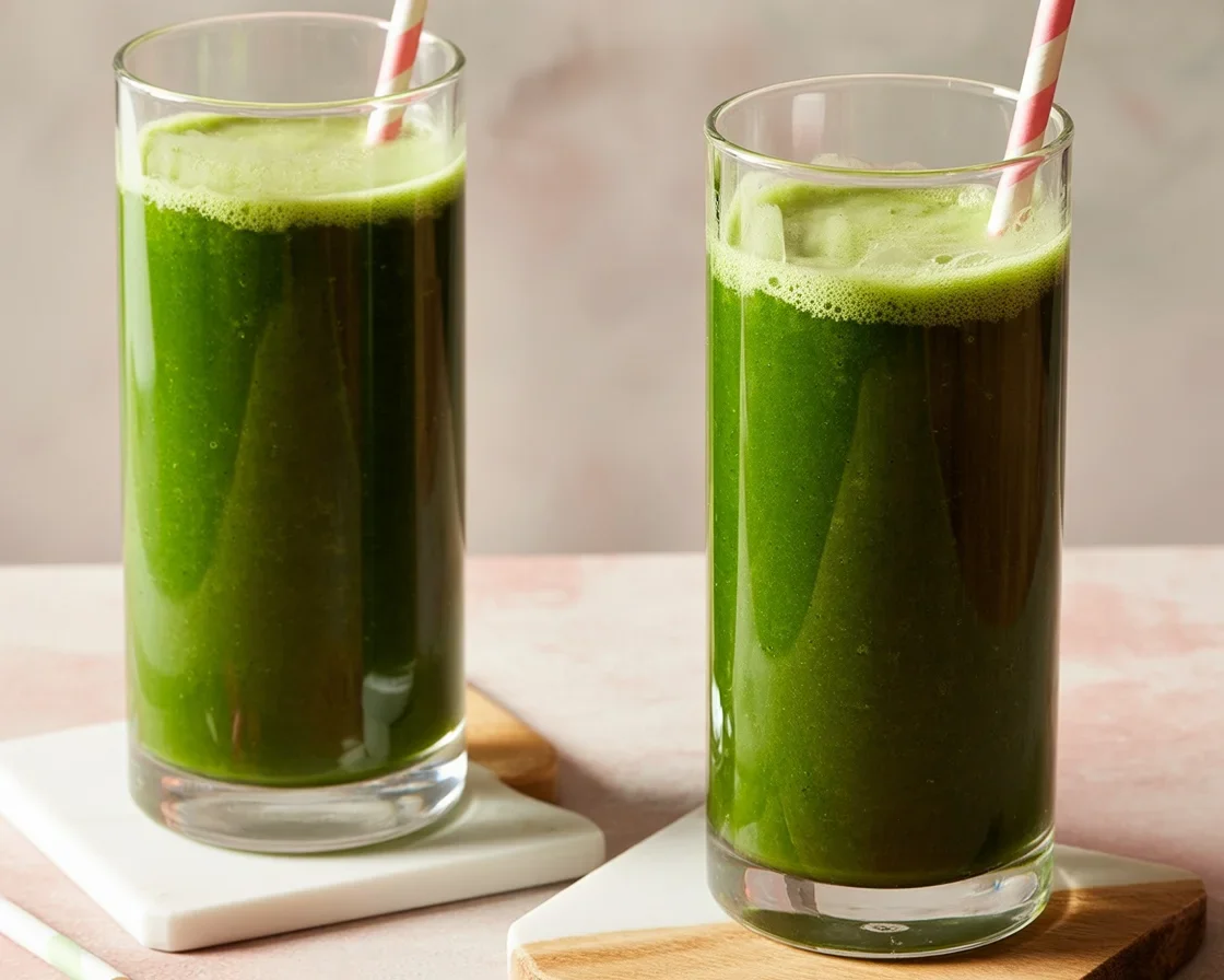 Healthy green juice made with kale, cucumber, celery, and green apples.
