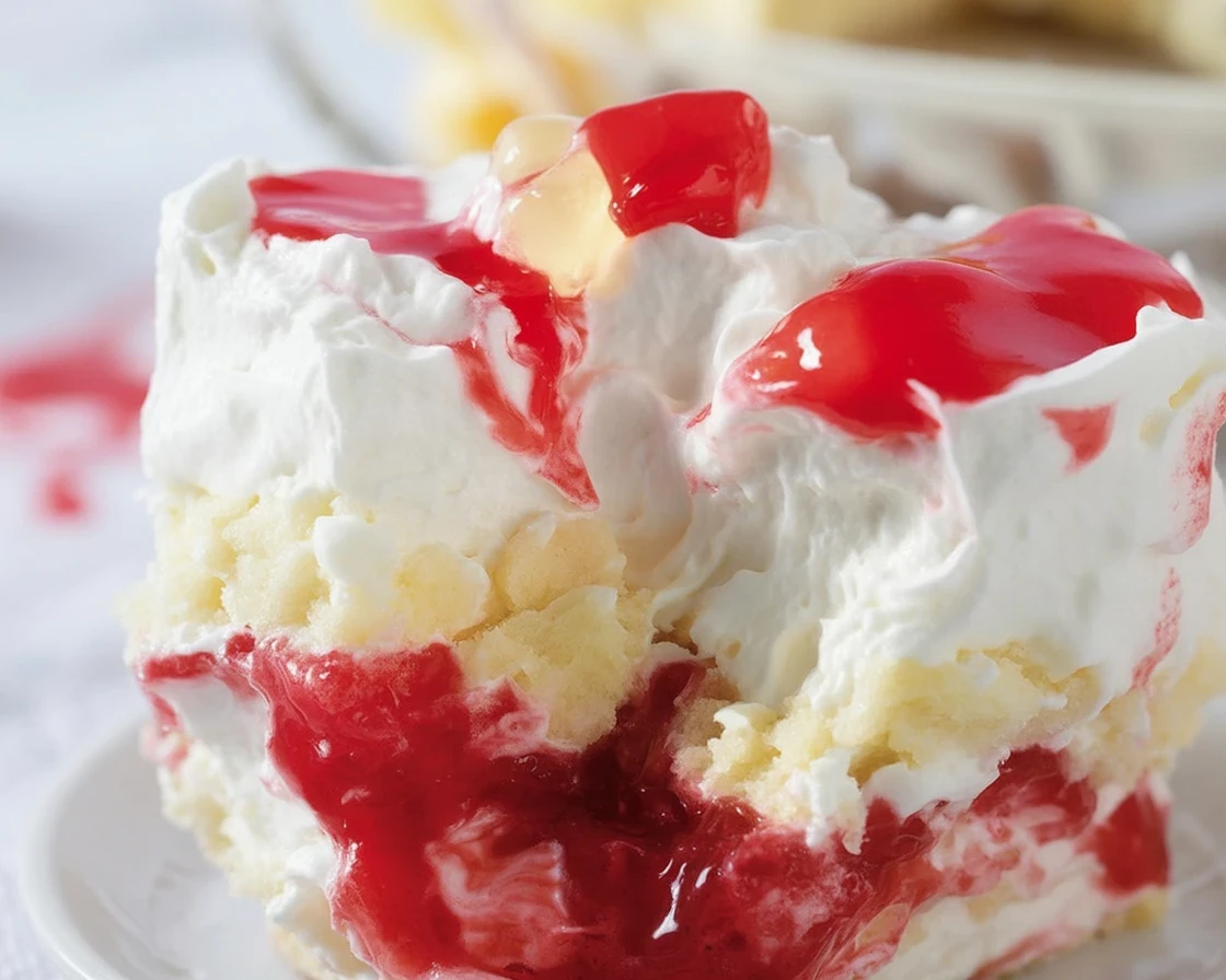 Heaven on Earth Cake with angel food layers, cherry pie filling, and whipped cream topping.