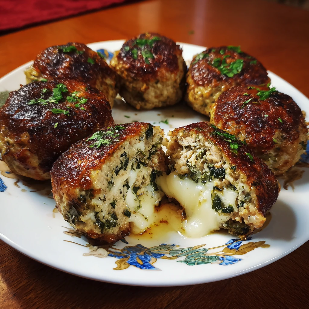 Spinach Garlic Meatballs Stuffed with Mozzarella
