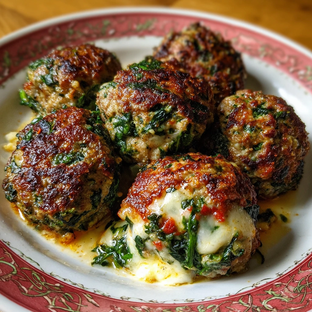 Spinach Garlic Meatballs Stuffed with Mozzarella