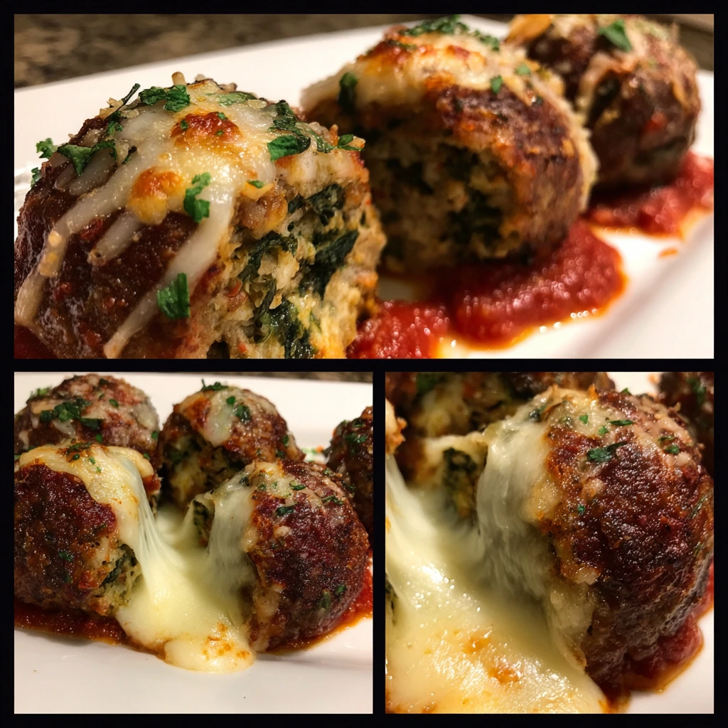 Spinach Garlic Meatballs Stuffed with Mozzarella