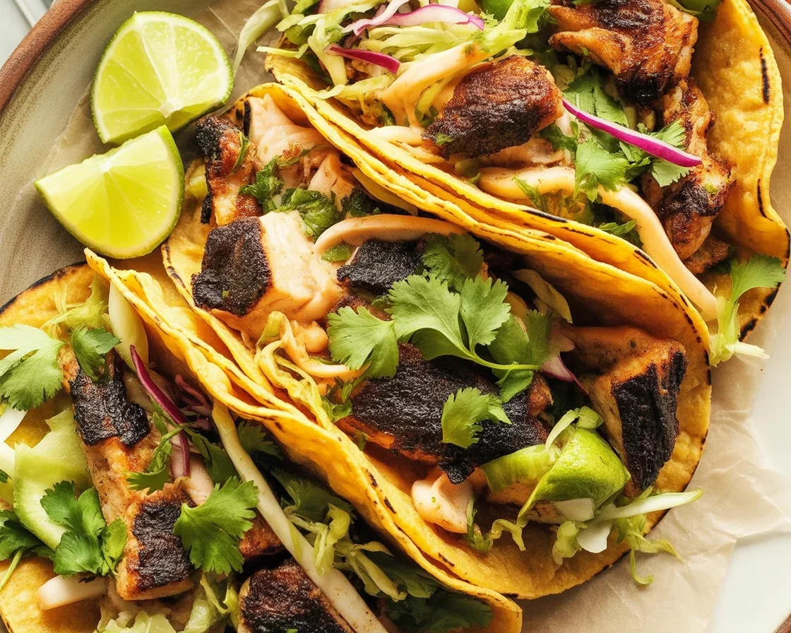 Blackened Salmon Tacos topped with serrano slaw and creamy aioli on a plate.