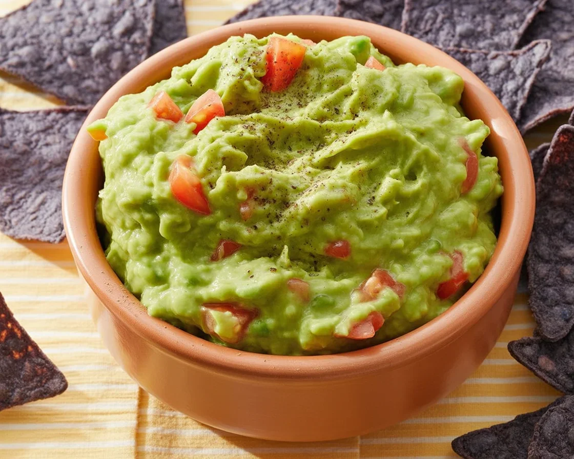 Bowl of easy guacamole made with ripe avocados, lime, tomatoes, and onions.