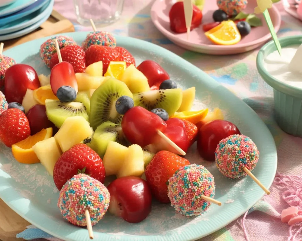 An assortment of healthy snacks for kids including yogurt, fruits, and veggies.