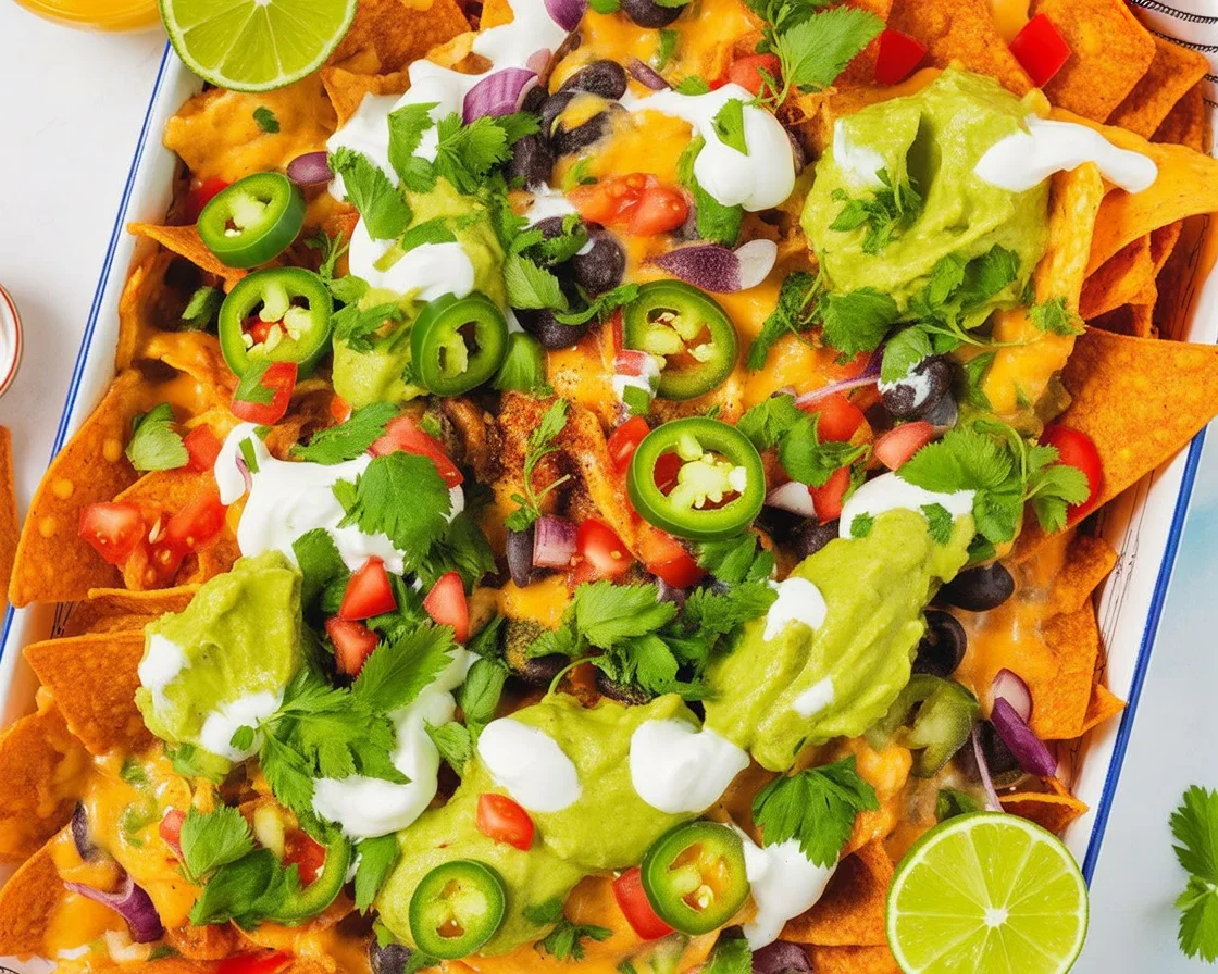 Delicious loaded nachos topped with cheese and fresh veggies on a plate.