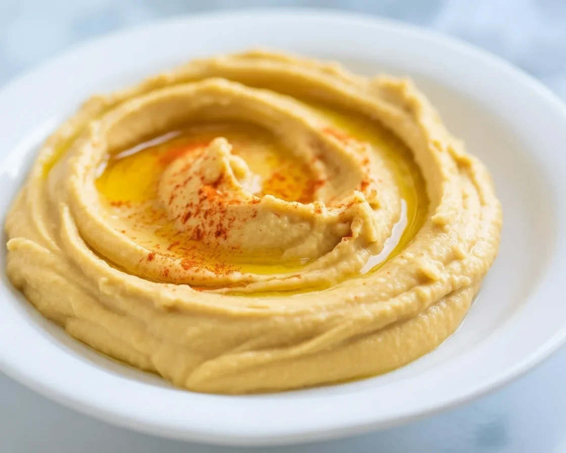 Delicious Greek hummus dip served with fresh vegetables and pita chips.