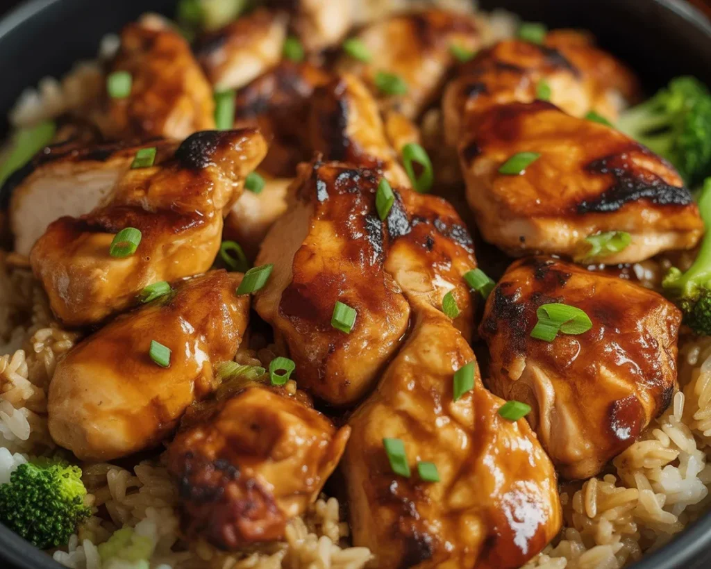 One-Pan Honey BBQ Chicken Rice dish with tender chicken and fluffy rice
