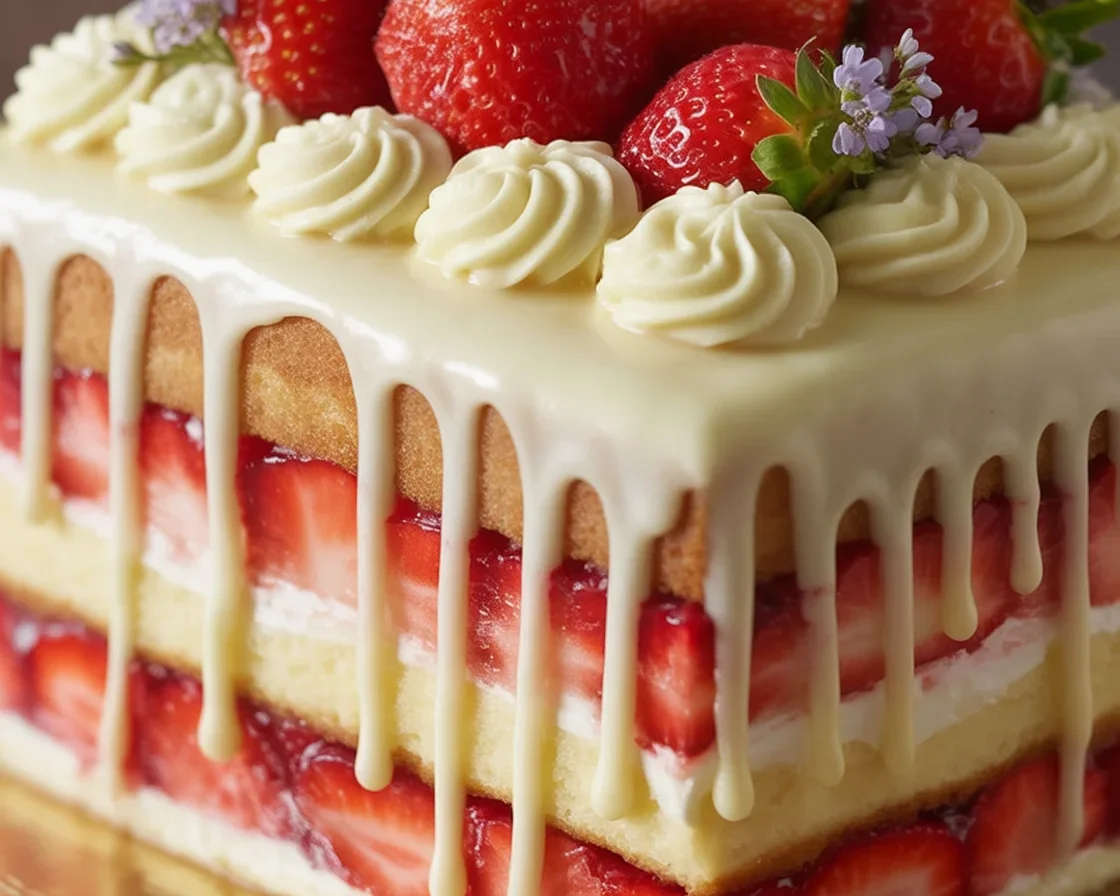 Delicious Strawberry Cream Layer Cake with White Chocolate Drip and fresh strawberries
