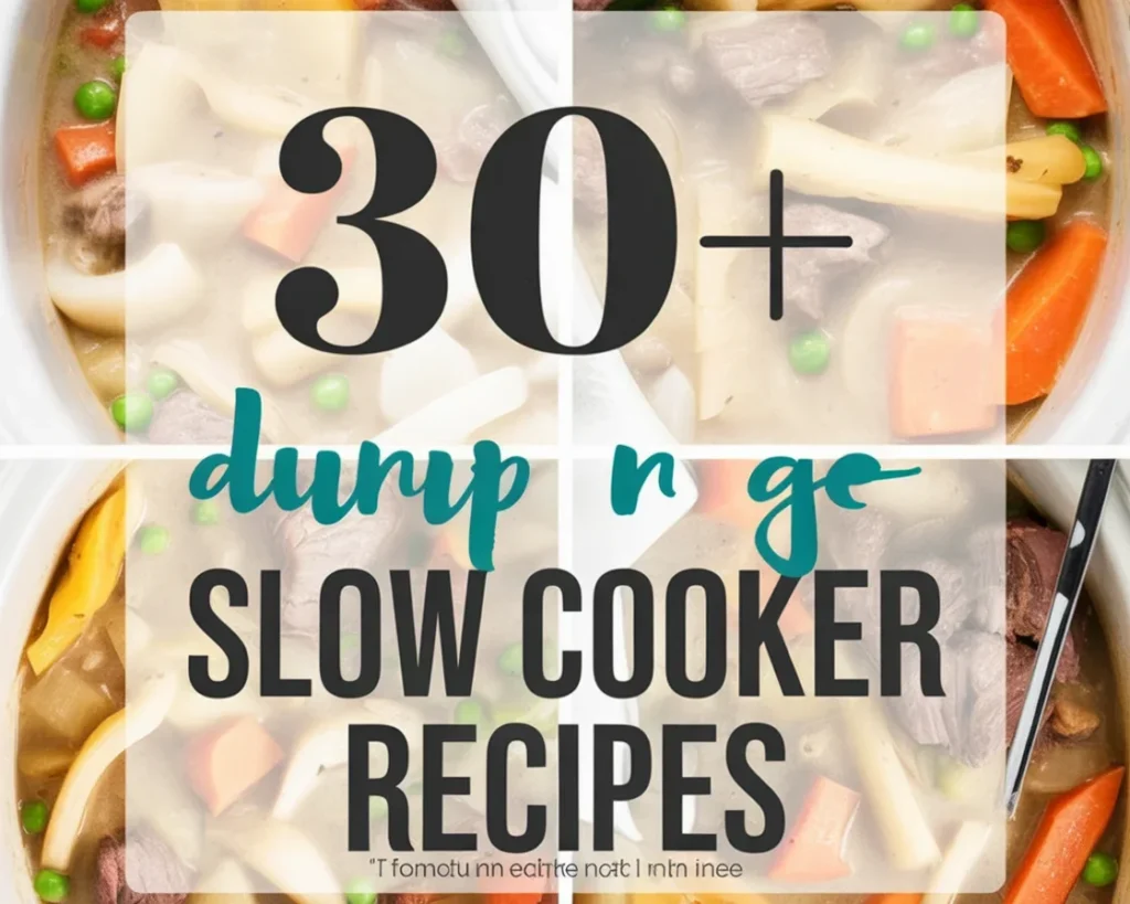 A variety of easy slow cooker meals ready to serve, showcasing different ingredients.