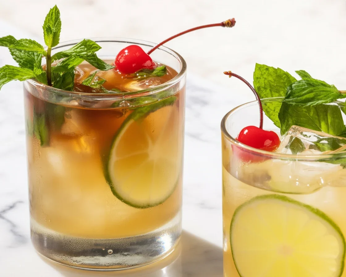 Delicious Mai Tai cocktail garnished with mint and lime.