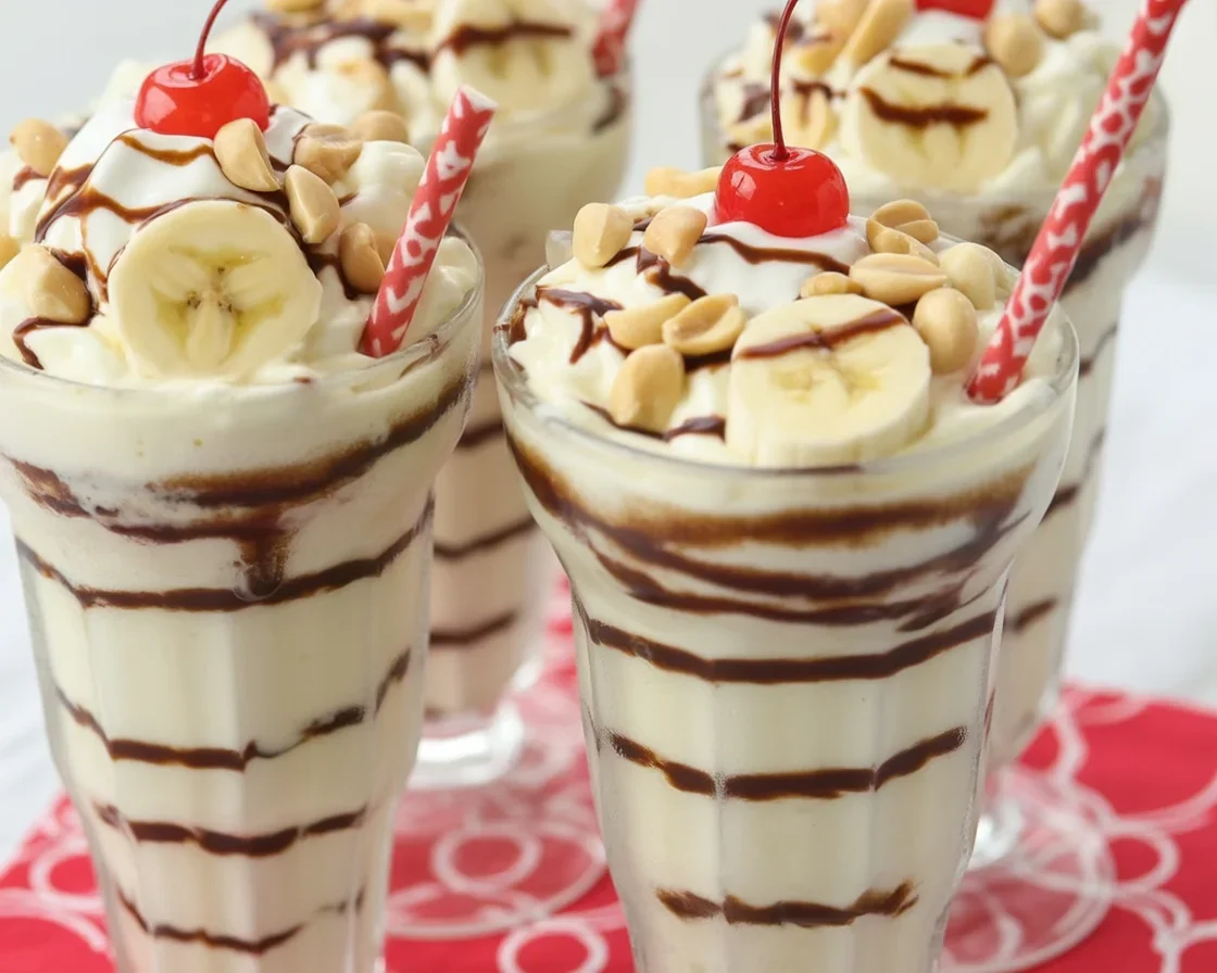 Delicious Banana Split Milkshake topped with peanuts, banana slices, and whipped cream.