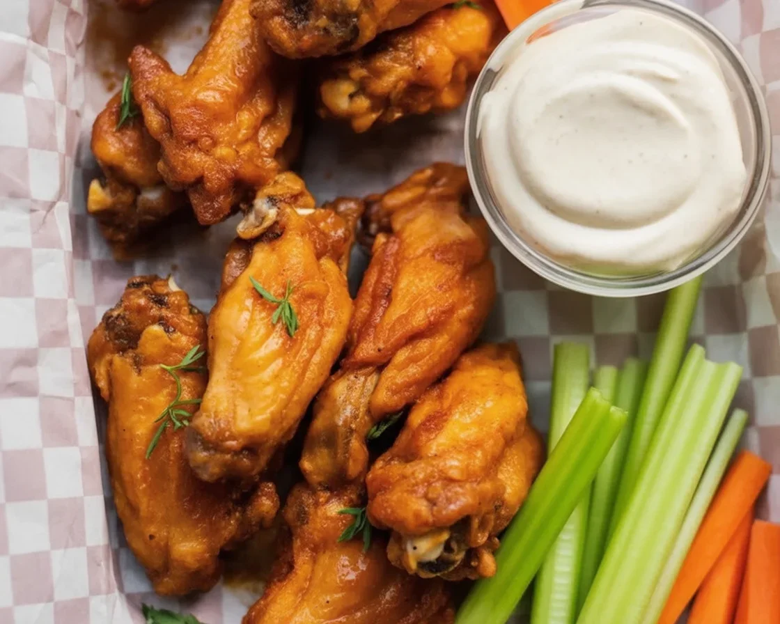 Delicious crispy air fryer chicken wings served on a plate with dipping sauce