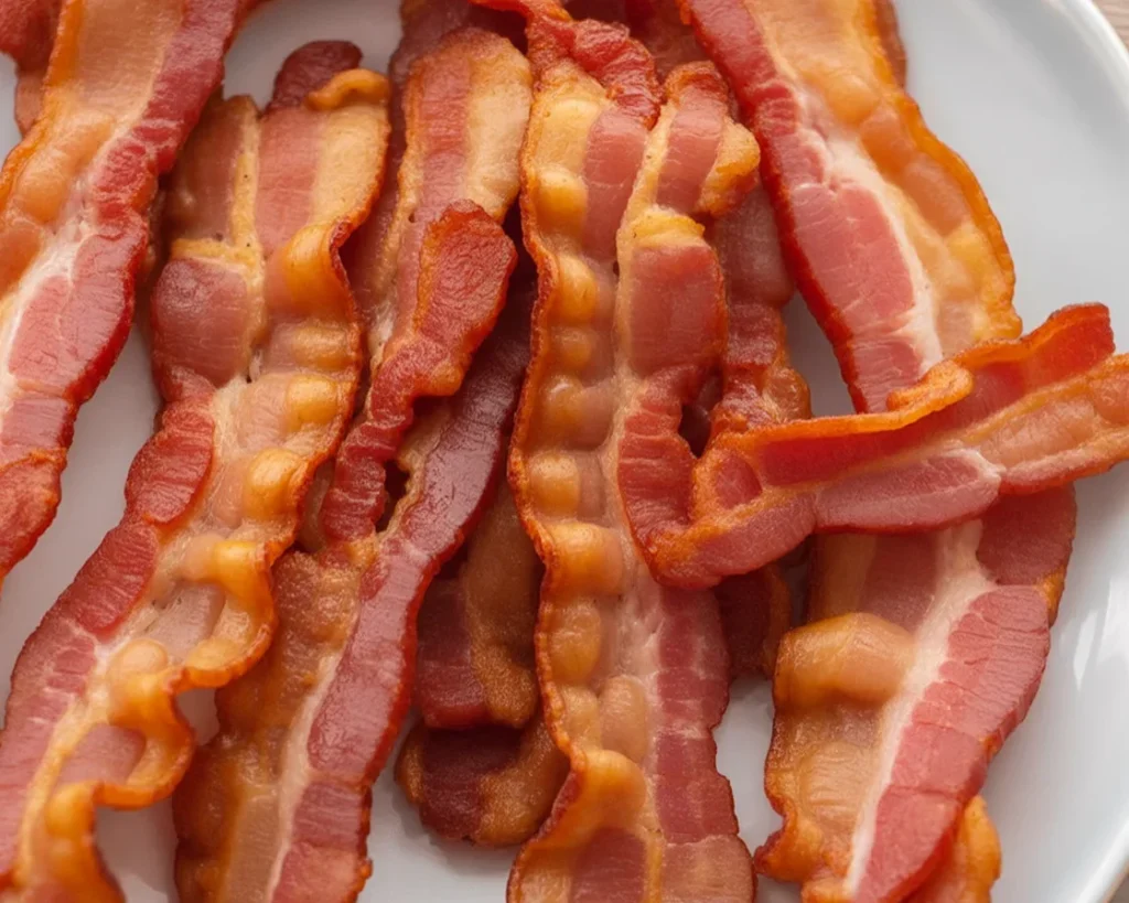 Crispy bacon cooked in an air fryer, perfect for breakfast or brunch.