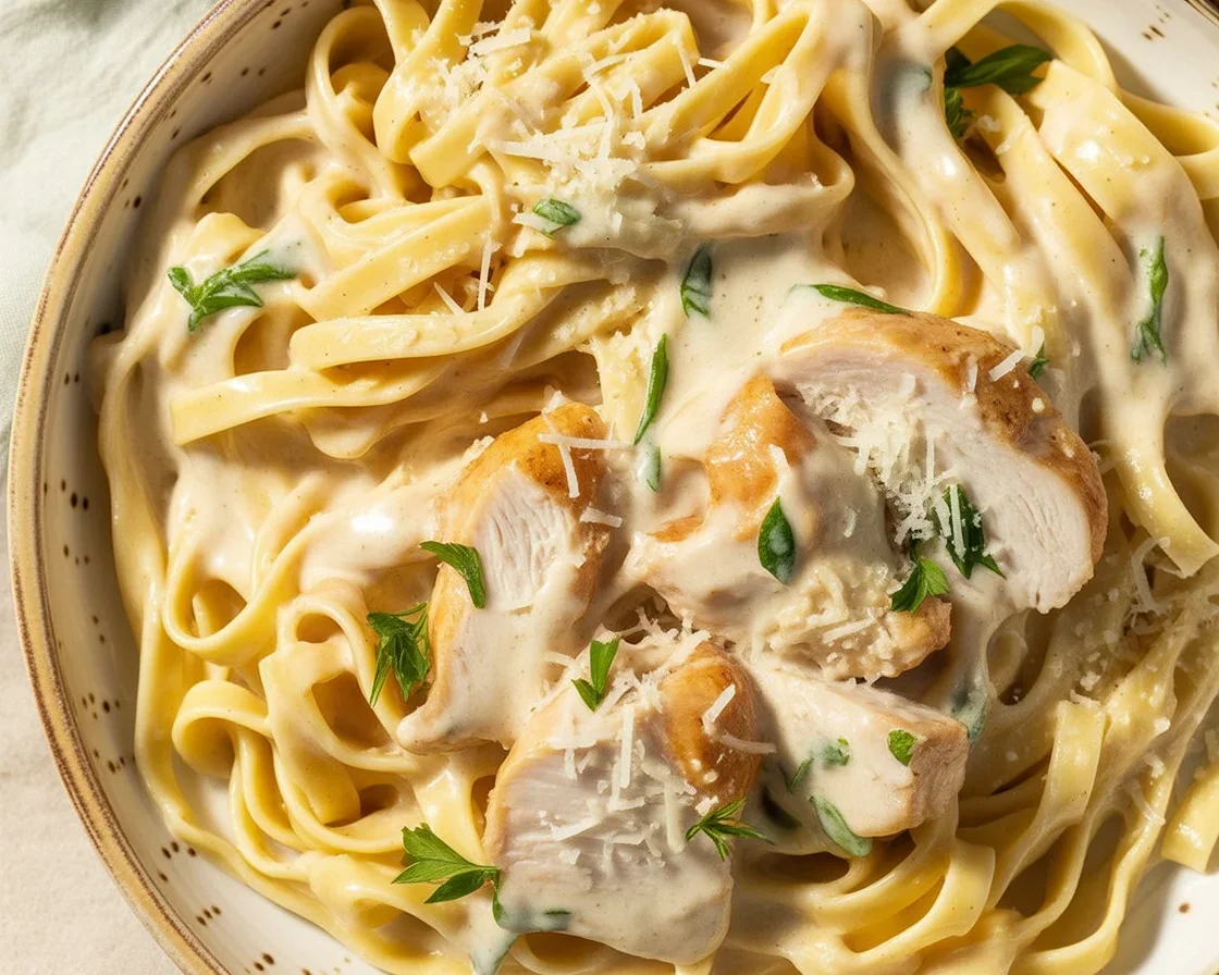 Delicious Chicken Alfredo pasta served with creamy sauce and seasoned chicken