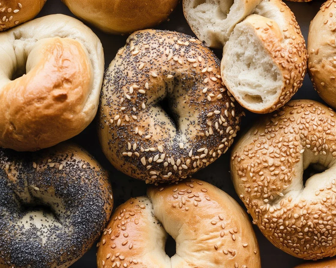 Freshly baked New York-style bagels on a cooling rack, made from a homemade bagel recipe.