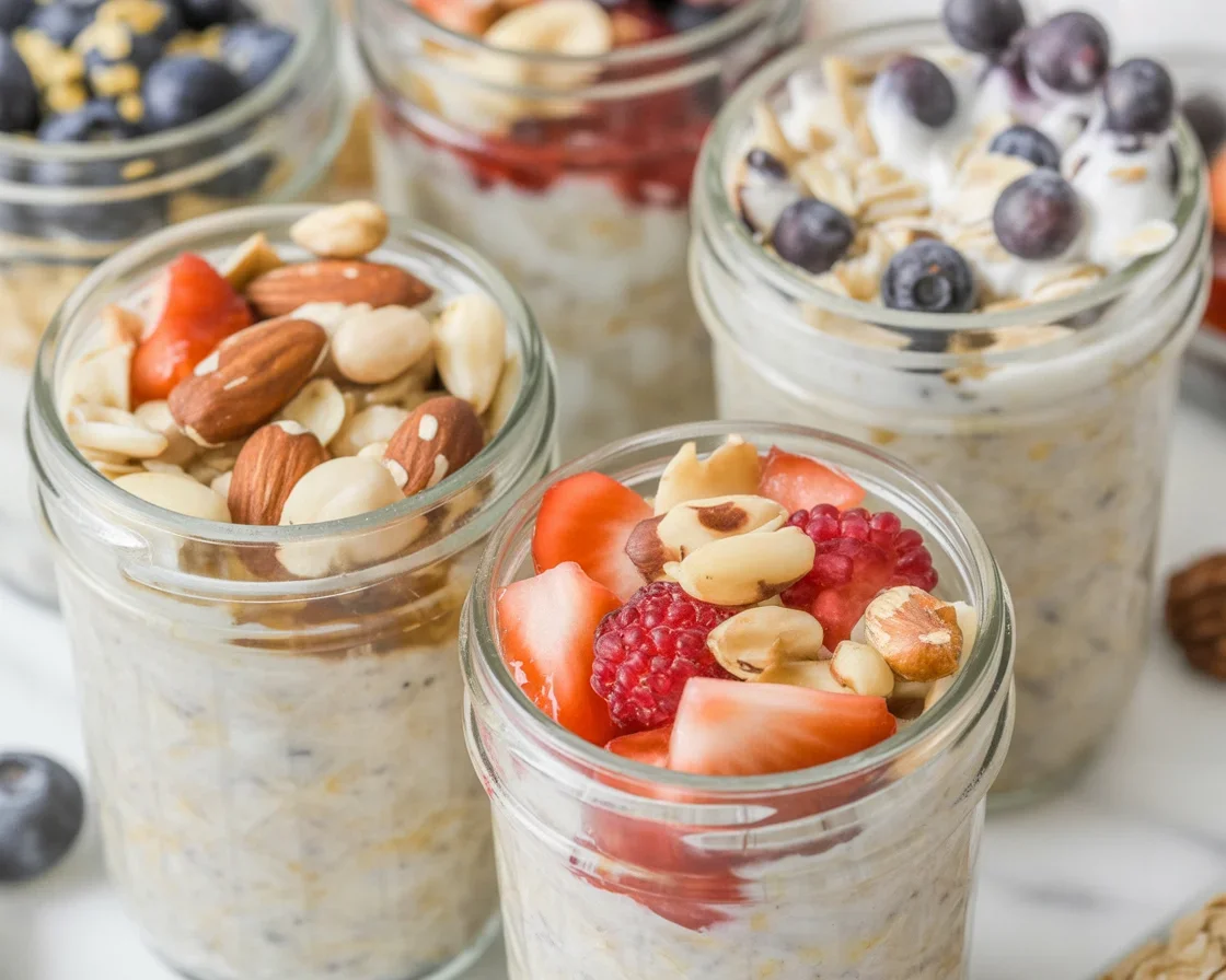 Bowl of easy overnight oats topped with fruits and seeds for a healthy breakfast.