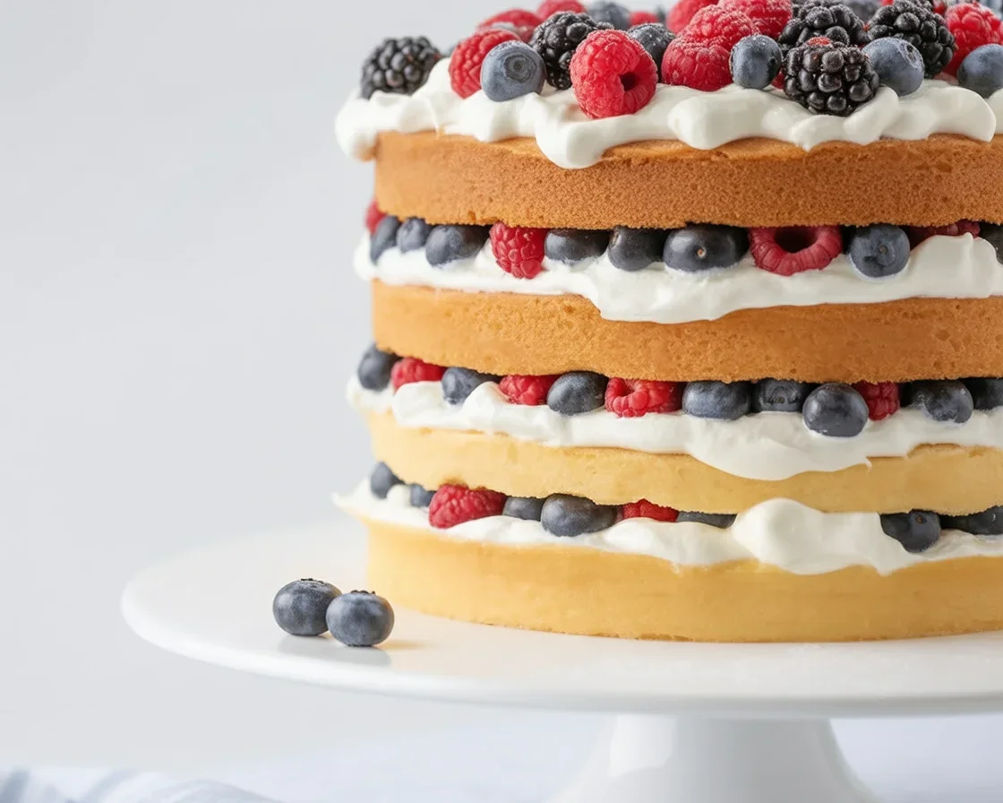 Summer Berry Layer Cake with vanilla layers, creamy frosting, and fresh assorted berries.