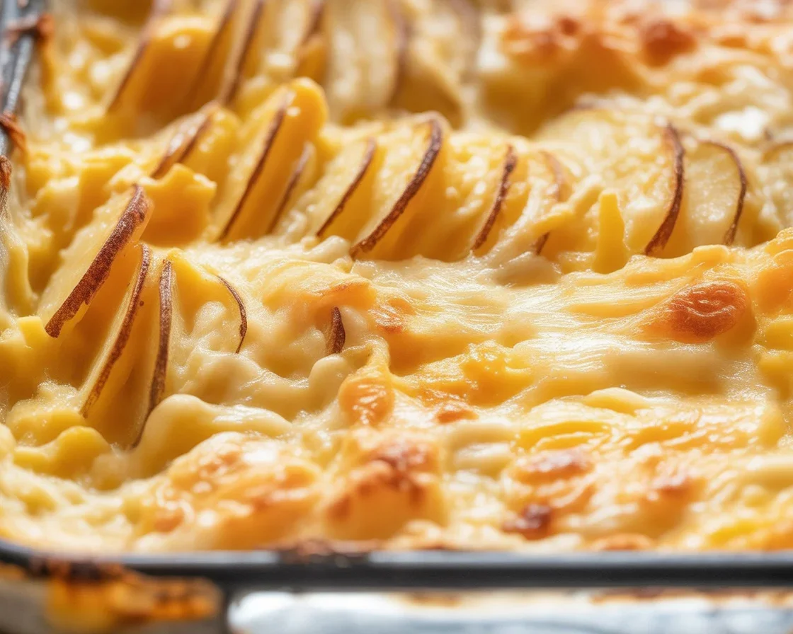 Creamy scalloped potatoes baked in cheese sauce with crisp edges and golden top.