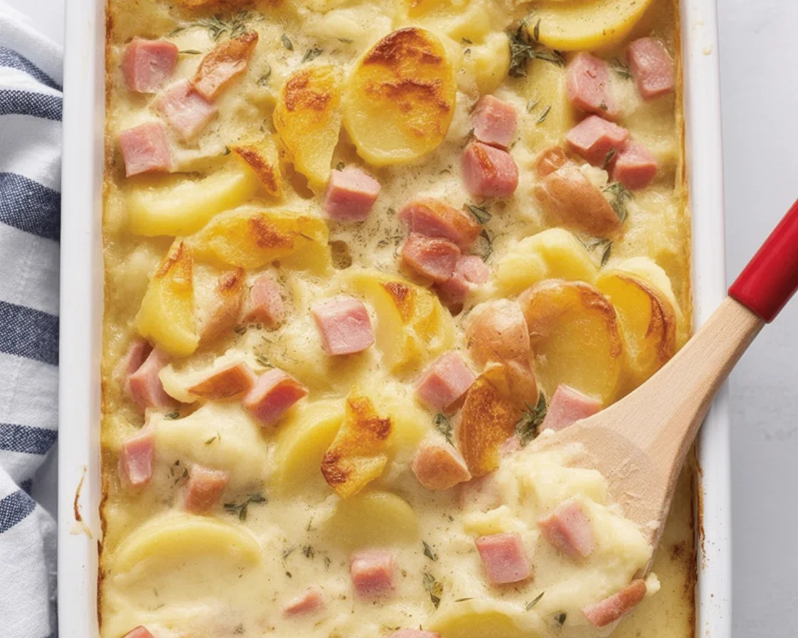 Delicious scalloped potatoes and ham casserole topped with creamy cheese sauce.