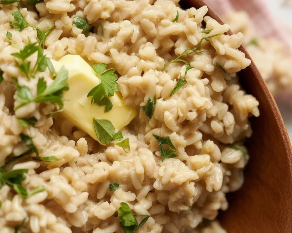 Bowl of seasoned brown rice with herbs and spices sprinkled on top.