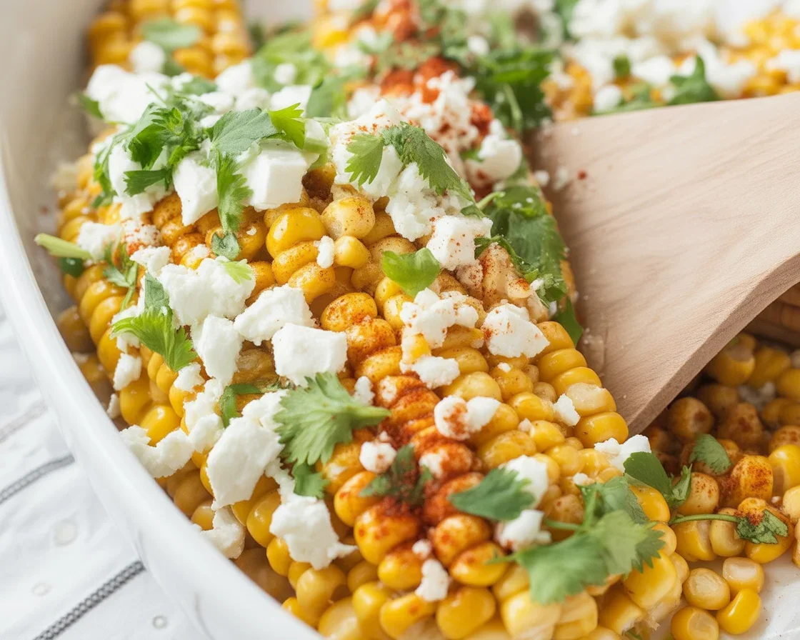 Delicious grilled Mexican street corn topped with creamy sauce and cotija cheese.