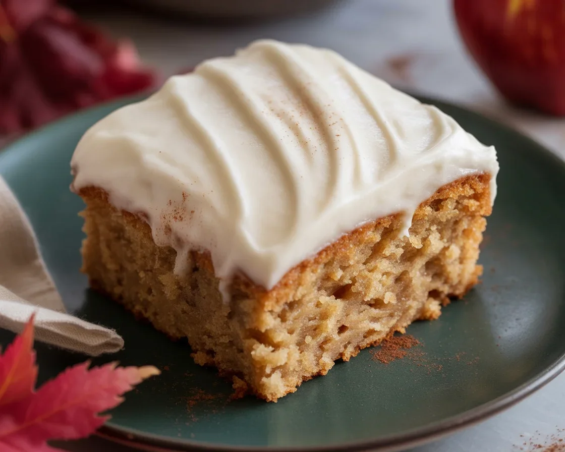 Moist and delicious applesauce cake with caramel glaze served on a plate