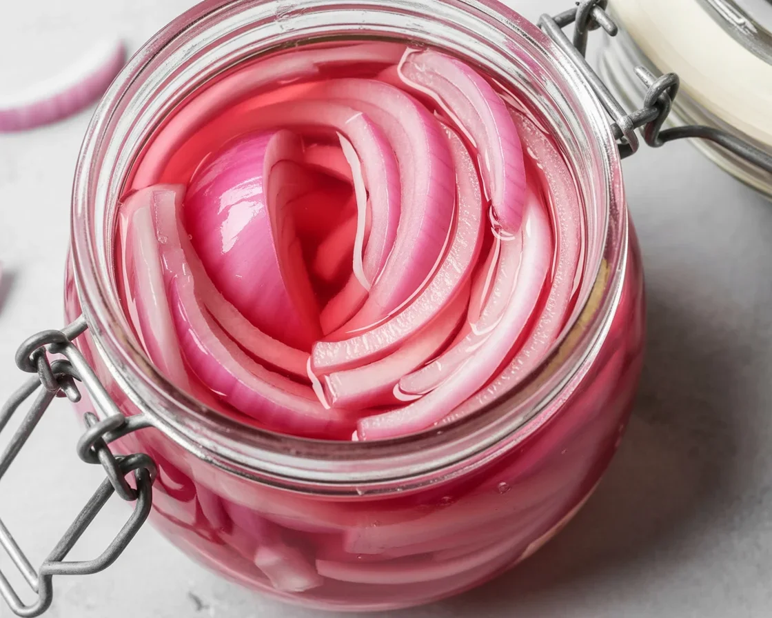 Tangy pickled red onions in a glass jar ready to use as a condiment.