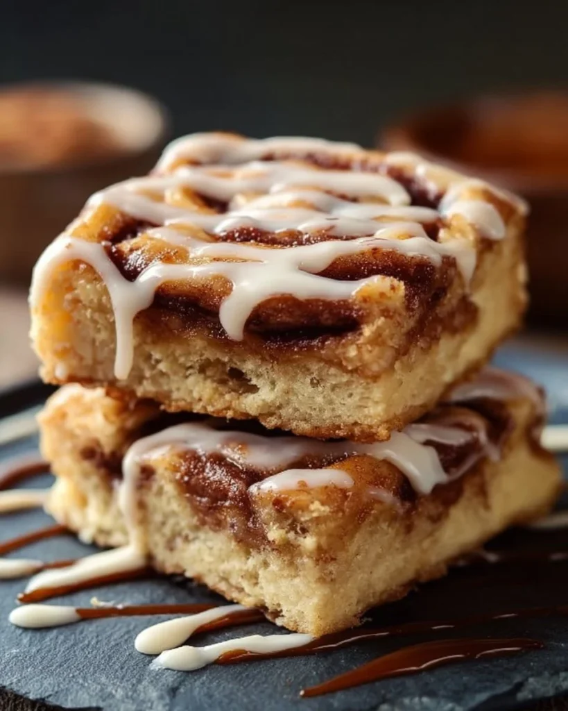 Delicious cinnamon roll bliss bars topped with creamy frosting and cinnamon