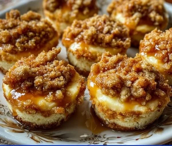 Apple Crisp Mini Cheesecakes with a crunchy topping and creamy filling.