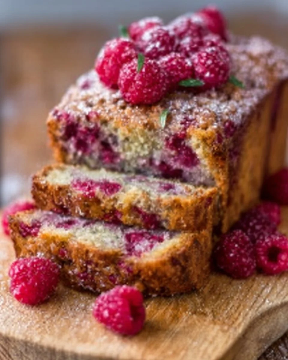 Delicious homemade raspberry bread with fresh raspberries on a wooden table
