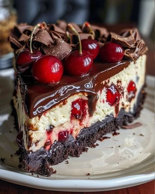 No bake Black Forest Cheesecake topped with cherries and chocolate shavings