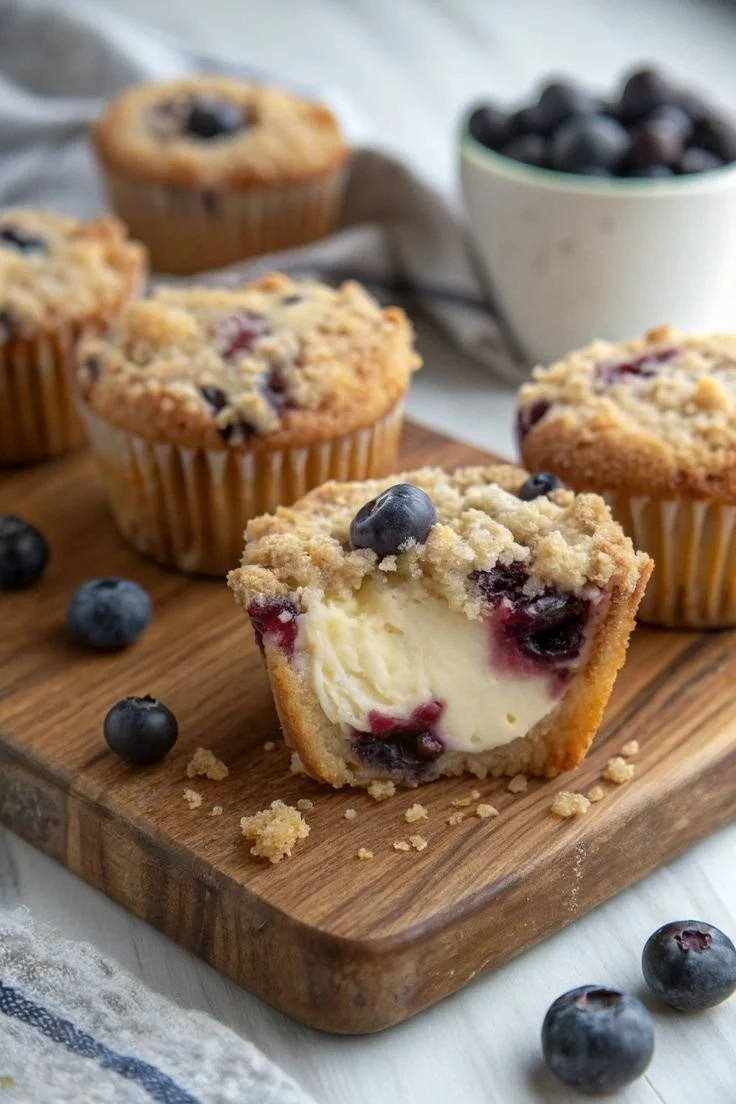 Blueberry cheesecake crumble muffins freshly baked and displayed on a plate