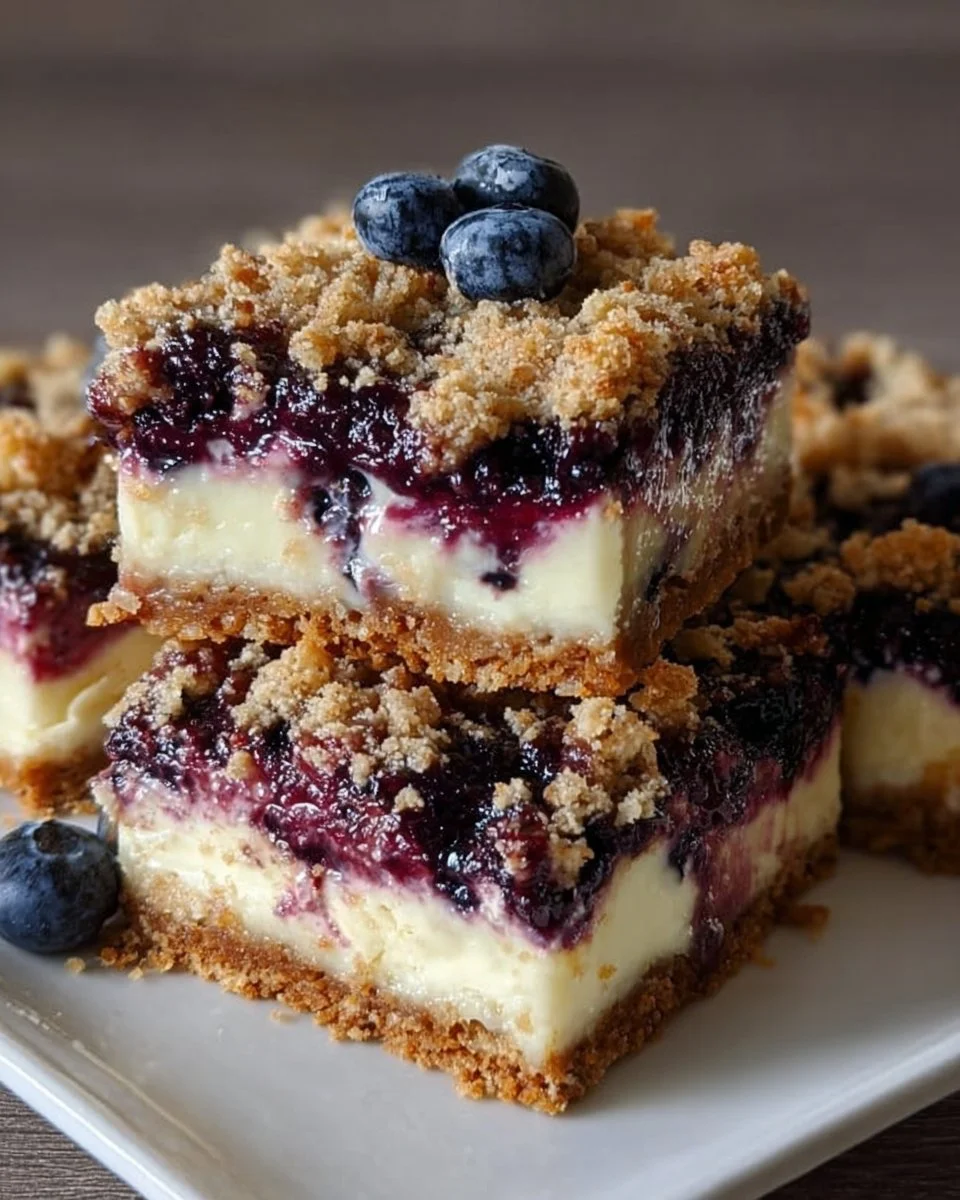 Blueberry Crisp Cheesecake Bars with a crunchy topping and creamy filling