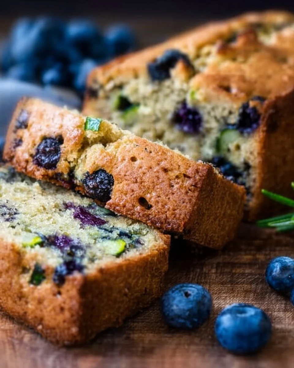 Loaf of freshly baked blueberry zucchini bread with blueberries on top